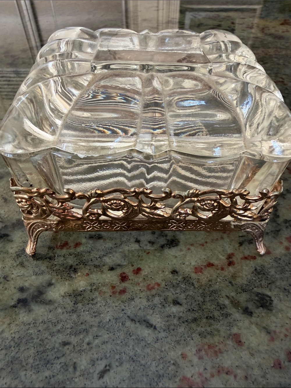 Ornate Clear Glass Trinket Dish with Rose Gold Filigree Base
